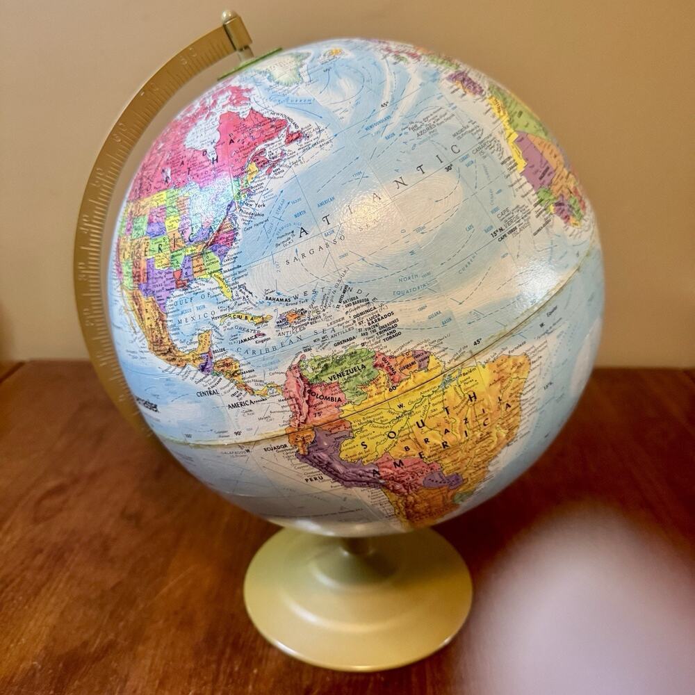 Vintage Replogle Globemaster 12” World Globe 17” Tall Gold Metal Base Tolman